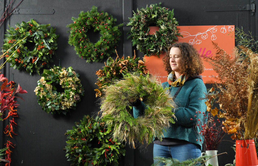 Zanna Hopkins of Spindle flowers uses 50 different types of foliage to create her Christmas wreaths