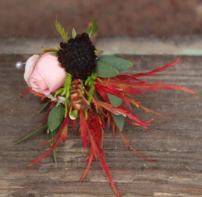 An autumn groom's buttonhole with fiery autumn leaves and the last of the roses. Tuckshop Flowers Birmingham