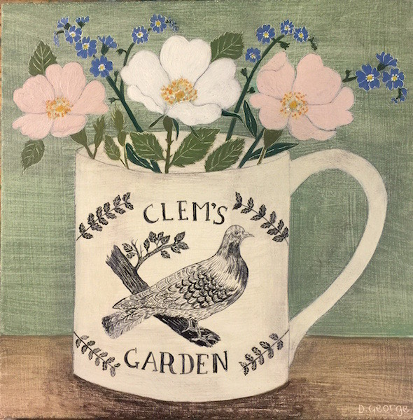The Clem's Garden logo - roses and forget-me-nots in a handprinted mug