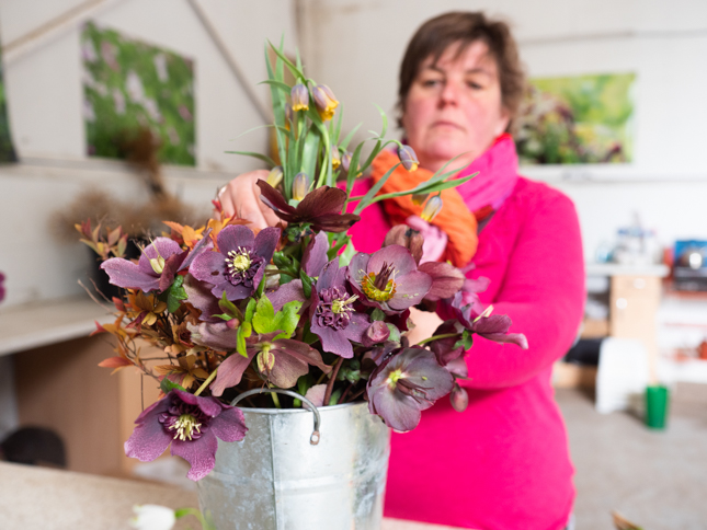 Claire at Plantpassion making up a flower arrangers bucket with mid April flowers - Photo Kerry J Photo