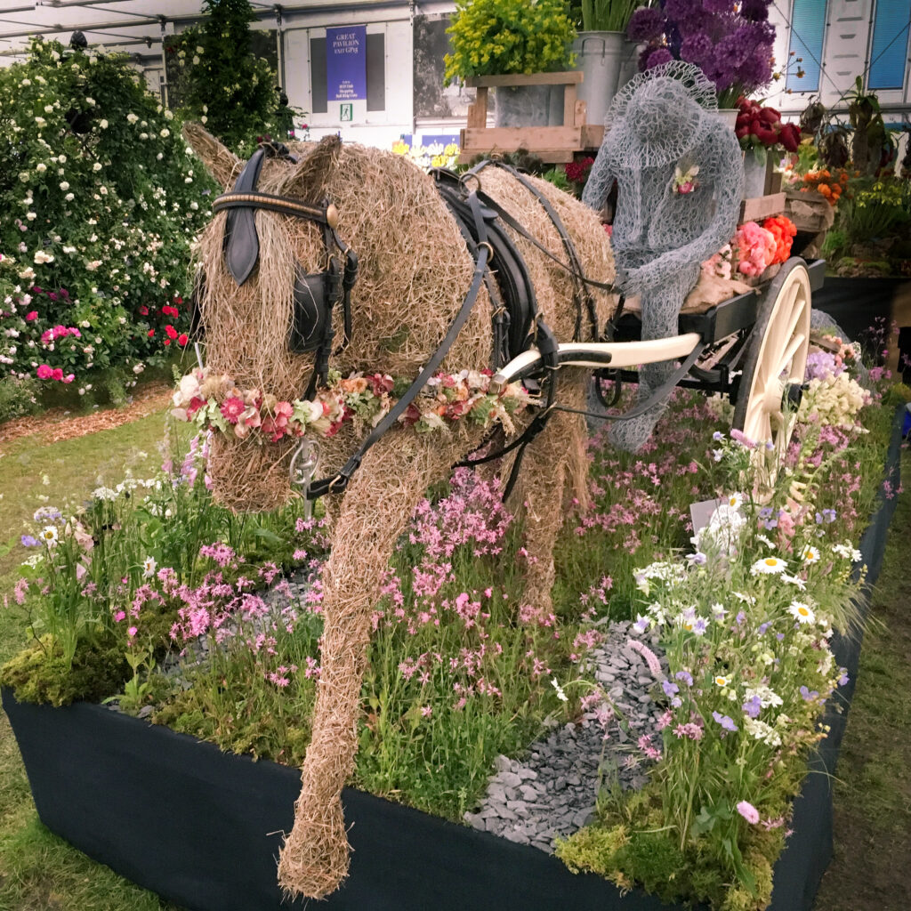 Flower from the Farm's RHS Chelsea display "Going to Market" was designed by Gill and featured a flower laden cart pulled by a beautiful straw horse adorned with flowers, along a bumpy path through a flowering meadow.