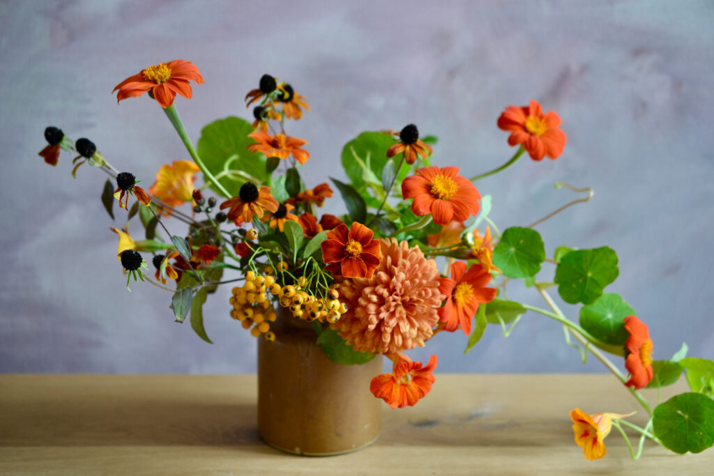 An arrangement of summer British cut flowers: orange zinnias, rudbeckia cones, yellow berries and orange trailing nasturtiums in a small earthenware vase by Harebell and Bee.