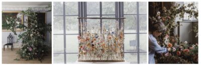 Sustainable floristry displays at Strawberry Hill House, London. A free standing pillar of flowers, a dried flower installation and a windowsill in the process of being decorated at Horace Walpole's gothic mansion.