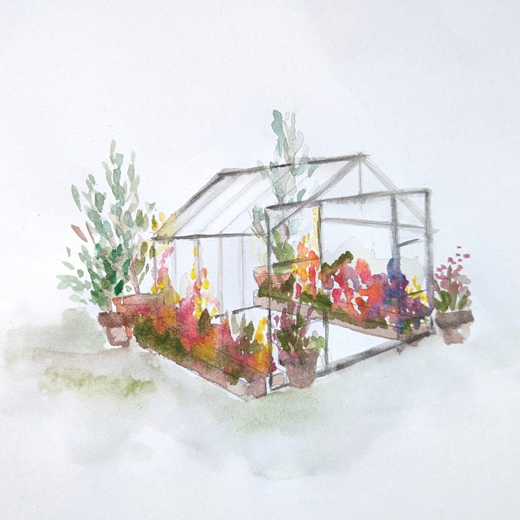 An artists impression of the decorated greenhouse filled with sustainable uk grown flowers - part of the Flowers from the Farm display at RHS Tatton 2023