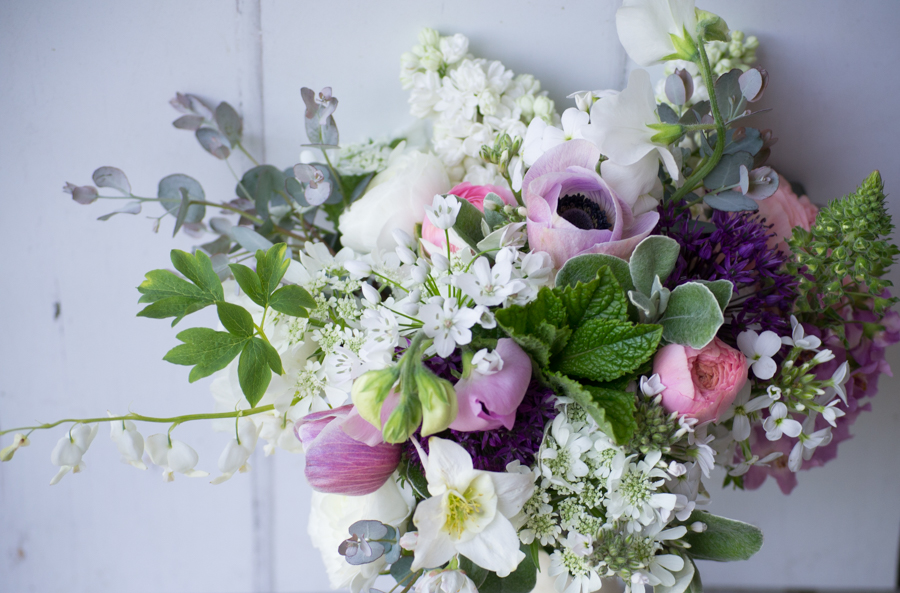 May wedding bouquet with seasonal favourites like Dicentra and Anemones for DIY weddings