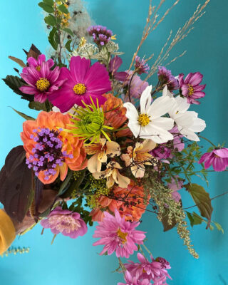 A hand raises an exuberant bouquet of pink chrysanthemums, orange dahlias and white cosmos, flowers against a blue background.