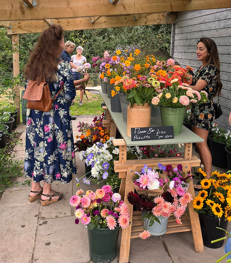Visitors choose their own blooms from a pick and mix flower bar at Organic Blooms. Buckets of gorgeous blooms stand on a wooden table under a shelter.