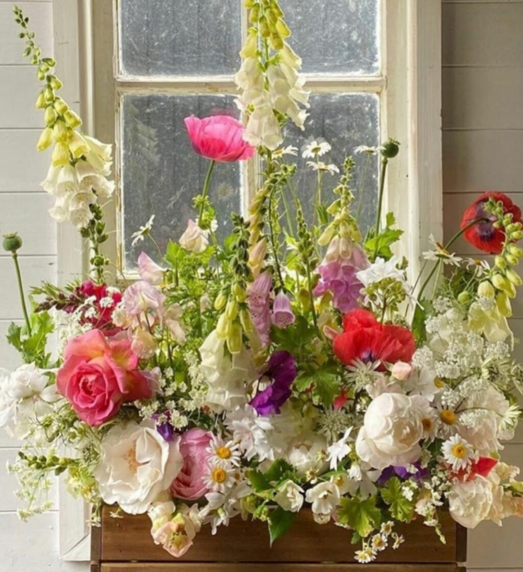 Queenies Flowers makes a stunning window box display resembling an indoor meadow with tall foxgloves, bright poppies and scented garden roses.