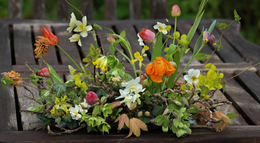 Tuckshop Flowers - a meadowy spring arrangement with narcissi, tulips and ranunculus