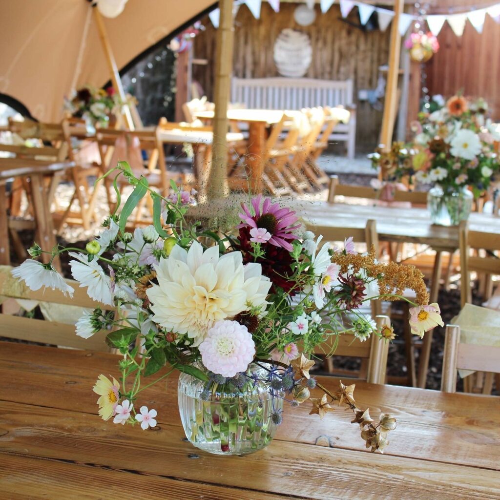 Dahlias for wedding table flowers for a festival wedding in a tipi by The Floral Potager