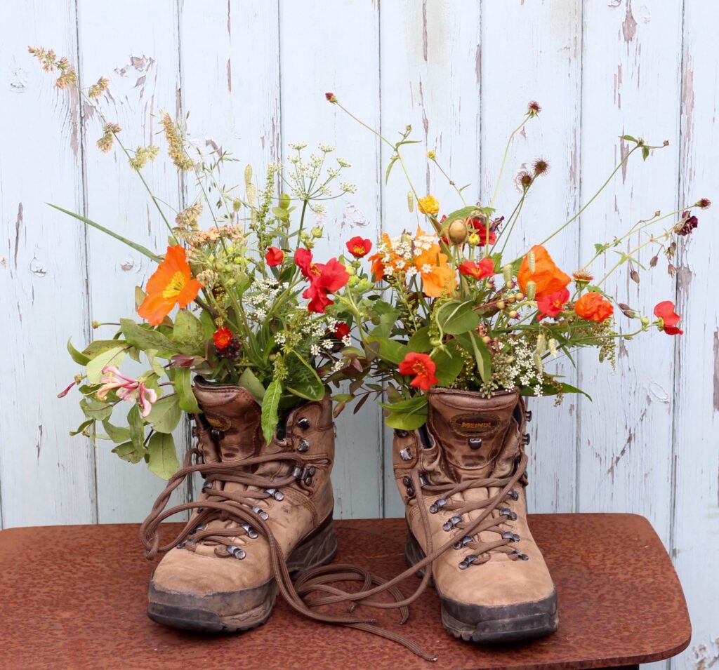 Hiking boots filled with vibrant and wild early summer flowers in shades of orange by Tuckshop Flowers, Birmingham