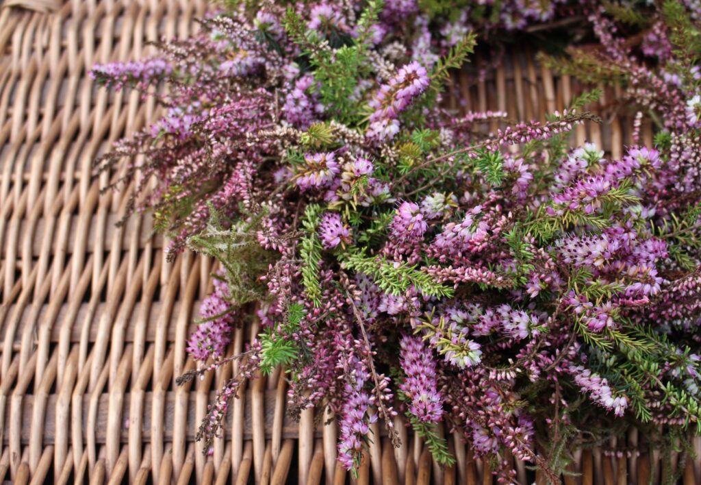 A biodegradable heather wreath for a natural funeral. Photo: Tuckshop Flowers.