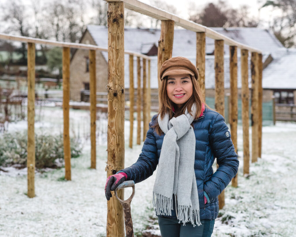 Yalham Hayes Farm in winter - Aizel checks on her flower plot for snow damage