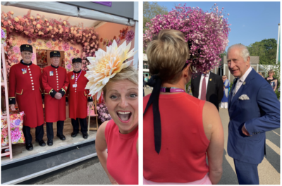 Dahlia Beach in floral headrest grins in front of beefeaters at RHS Chelsea 2023