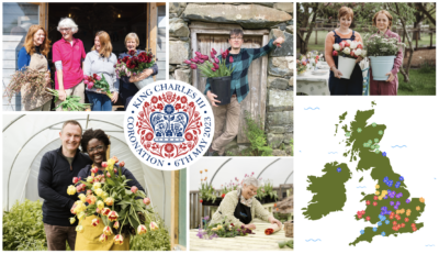 A collection of images showing some of the wonderful Flowers from the Farm members who contributed their glorious blooms to the Coronation, and a map showing the locations of contributing growers across the UK.