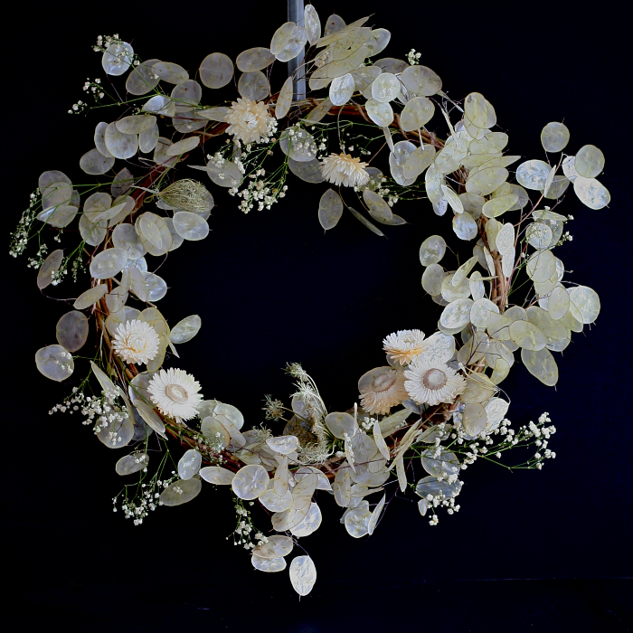 An honesty and gypsophila dried flower wreath by Henthorn Farm Flowers